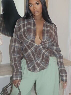 Classic Brown Plaid Button-Up Shirt - Women's Top